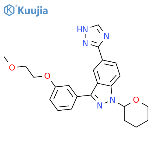 1H-Indazole,3-[3-(2-methoxyethoxy)phenyl]-1-(tetrahydro-2H-pyran-2-yl)-5-(1H-1,2,4-triazol-3-yl)- structure