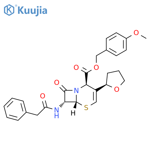 5-Thia-1-azabicyclo[4.2.0]oct-3-ene-2-carboxylic acid,8-oxo-7-[(phenylacetyl)amino]-3-[(2R)-tetrahydro-2-furanyl]-,(4-methoxyphenyl)methyl ester, (2R,6R,7R)- structure