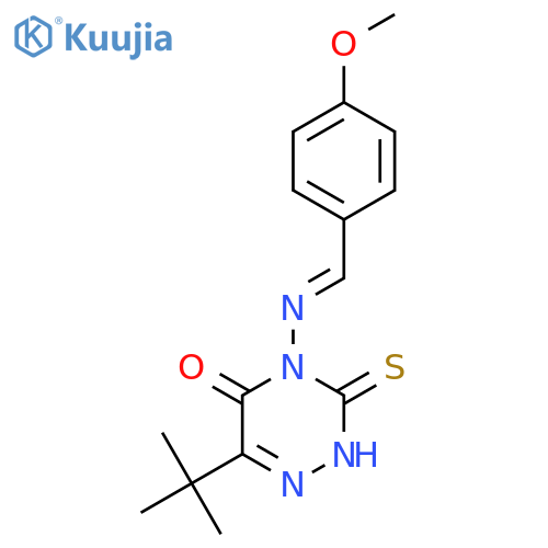 6-tert-butyl-4-(E)-(4-methoxyphenyl)methylideneamino-3-sulfanyl-4,5-dihydro-1,2,4-triazin-5-one structure