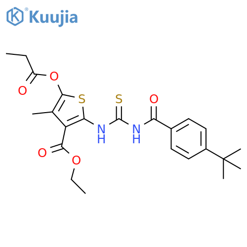 ethyl 2-({[(4-tert-butylphenyl)formamido]methanethioyl}amino)-4-methyl-5-(propanoyloxy)thiophene-3-carboxylate structure