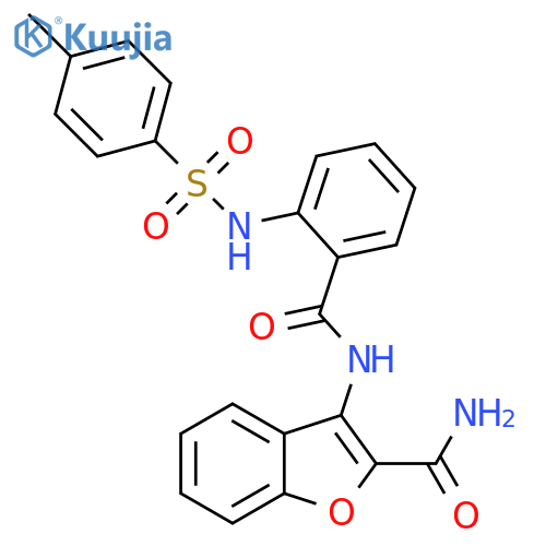 3-2-(4-methylbenzenesulfonamido)benzamido-1-benzofuran-2-carboxamide structure