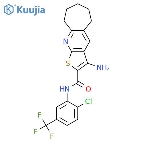 3-amino-N-[2-chloro-5-(trifluoromethyl)phenyl]-6,7,8,9-tetrahydro-5H-cyclohepta[b]thieno[3,2-e]pyridine-2-carboxamide structure