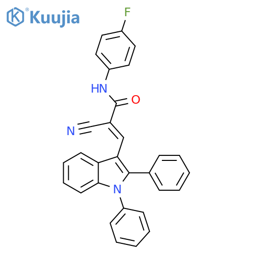 2-cyano-3-(1,2-diphenyl-1H-indol-3-yl)-N-(4-fluorophenyl)prop-2-enamide structure
