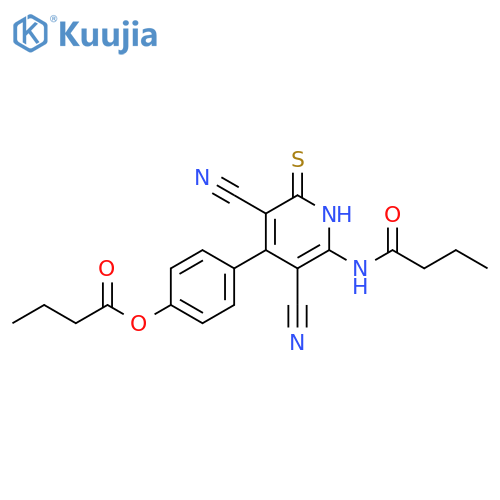 4-(2-butanamido-3,5-dicyano-6-sulfanylpyridin-4-yl)phenyl butanoate structure