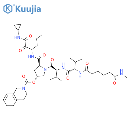 [(3R,5S)-5-[[1-(Cyclopropylamino)-1,2-dioxohexan-3-yl]carbamoyl]-1-[(2S)-3-methyl-2-[[(2S)-3-methyl-2-[[6-(methylamino)-6-oxohexanoyl]amino]butanoyl]amino]butanoyl]pyrrolidin-3-yl] 3,4-dihydro-1H-isoquinoline-2-carboxylate structure