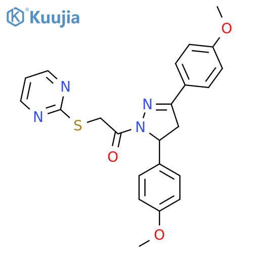 1-3,5-bis(4-methoxyphenyl)-4,5-dihydro-1H-pyrazol-1-yl-2-(pyrimidin-2-ylsulfanyl)ethan-1-one structure