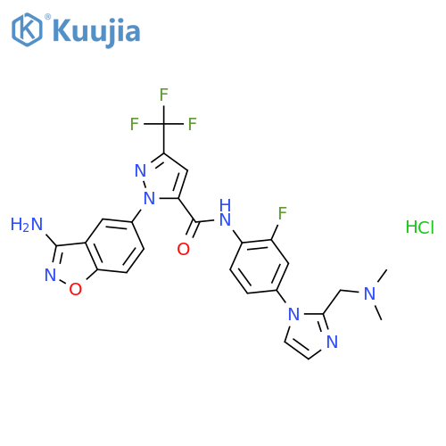 1-(3-amino-1,2-benzoxazol-5-yl)-N-(4-{2-[(dimethylamino)methyl]-1H-imidazol-1-yl}-2-fluorophenyl)-3-(trifluoromethyl)-1H-pyrazole-5-carboxamide hydrochloride (1:1) structure
