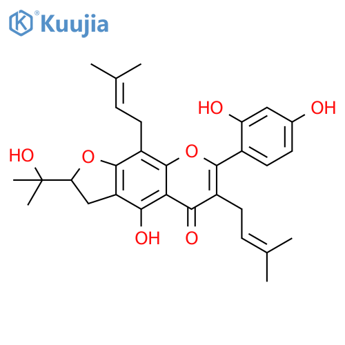 5H-Furo[3,2-g][1]benzopyran-5-one, 7-(2,4-dihydroxyphenyl)-2,3-dihydro-4-hydroxy-2-(1-hydroxy-1-methylethyl)-6,9-bis(3-methyl-2-buten-1-yl)- structure
