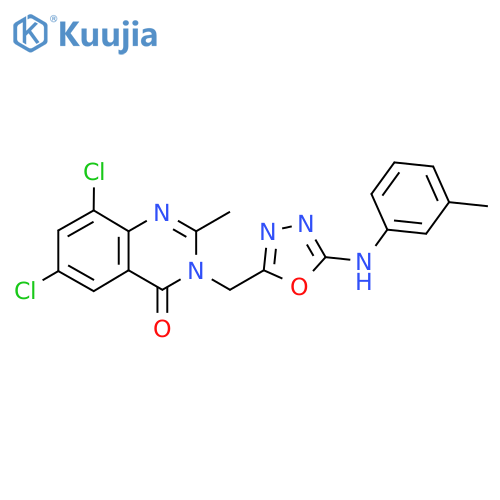 6,8-Dichloro-2-methyl-3-[[5-(3-methylanilino)-1,3,4-oxadiazol-2-yl]methyl]quinazolin-4-one structure