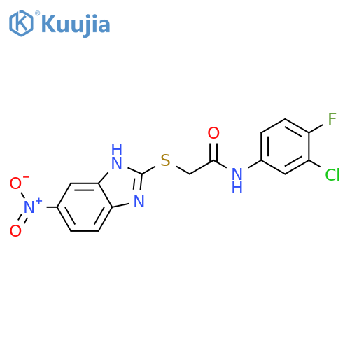 <br>N-(3-chloro-4-fluorophenyl)-2-((5-nitro-1H-benzo[d]imidazol-2-yl)thio)aceta mide structure