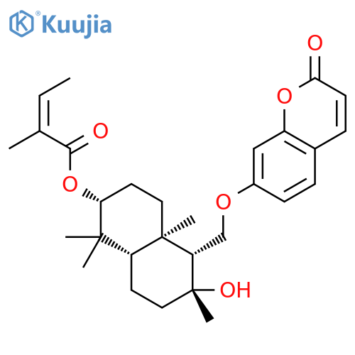 2-Butenoicacid, 2-methyl-, decahydro-6-hydroxy-1,1,4a,6-tetramethyl-5-[[(2-oxo-2H-1-benzopyran-7-yl)oxy]methyl]-2-naphthalenylester, [2S-[2a(Z),4aa,5a,6b,8ab]]- (9CI) structure