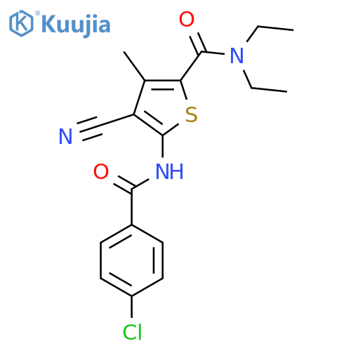 5-{[(4-chlorophenyl)carbonyl]amino}-4-cyano-N,N-diethyl-3-methylthiophene-2-carboxamide structure