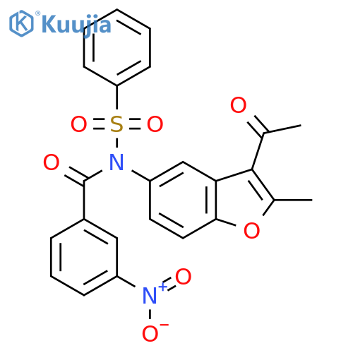 N-(3-acetyl-2-methyl-1-benzofuran-5-yl)-N-(benzenesulfonyl)-3-nitrobenzamide structure