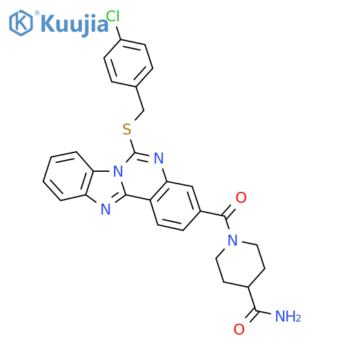 1-(9-{[(4-chlorophenyl)methyl]sulfanyl}-8,10,17-triazatetracyclo[8.7.0.0^{2,7}.0^{11,16}]heptadeca-1(17),2,4,6,8,11(16),12,14-octaene-5-carbonyl)piperidine-4-carboxamide structure
