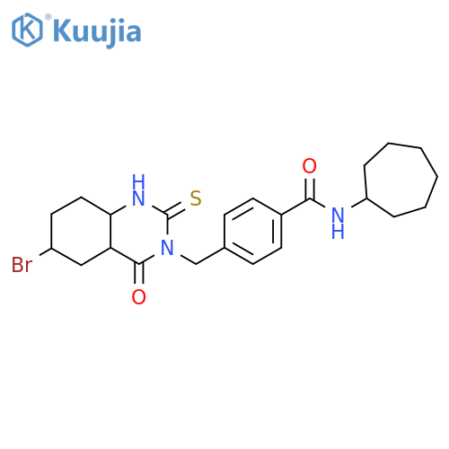 4-[(6-bromo-4-oxo-2-sulfanylidene-1,2,3,4-tetrahydroquinazolin-3-yl)methyl]-N-cycloheptylbenzamide structure