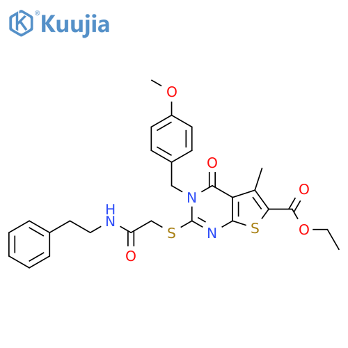 Thieno[2,3-d]pyrimidine-6-carboxylic acid, 3,4-dihydro-3-[(4-methoxyphenyl)methyl]-5-methyl-4-oxo-2-[[2-oxo-2-[(2-phenylethyl)amino]ethyl]thio]-, ethyl ester structure