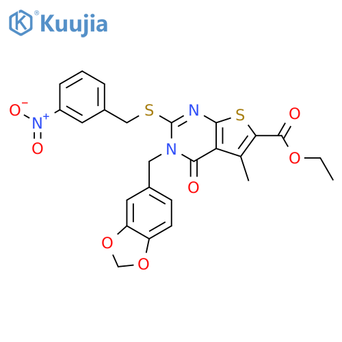 Thieno[2,3-d]pyrimidine-6-carboxylic acid, 3-(1,3-benzodioxol-5-ylmethyl)-3,4-dihydro-5-methyl-2-[[(3-nitrophenyl)methyl]thio]-4-oxo-, ethyl ester structure
