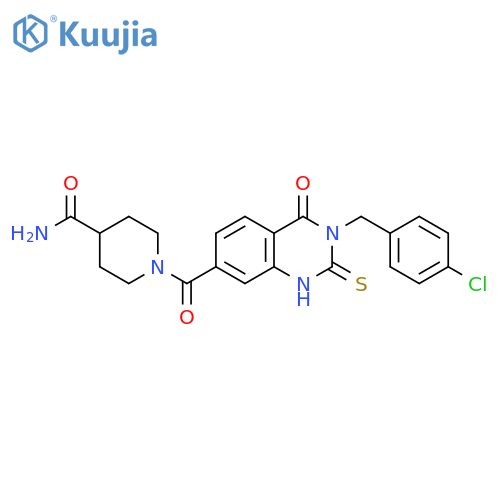 1-{3-(4-chlorophenyl)methyl-4-oxo-2-sulfanylidene-1,2,3,4-tetrahydroquinazoline-7-carbonyl}piperidine-4-carboxamide structure