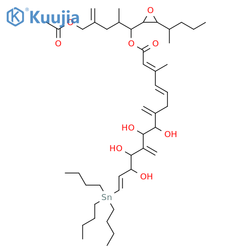 2,4,13-Tetradecatrienoic acid, 8,9,11,12-tetrahydroxy-3-methyl-7,10-bis(methylene)-14-(tributylstannyl)-, (1R,2S)-4-[(acetyloxy)methyl]-2-methyl-1-[(2R,3S)-3-[(1S)-1-methylbutyl]-2-oxiranyl]-4-penten-1-yl ester, (2E,4E,8S,9S,11S,12S,13E)- structure