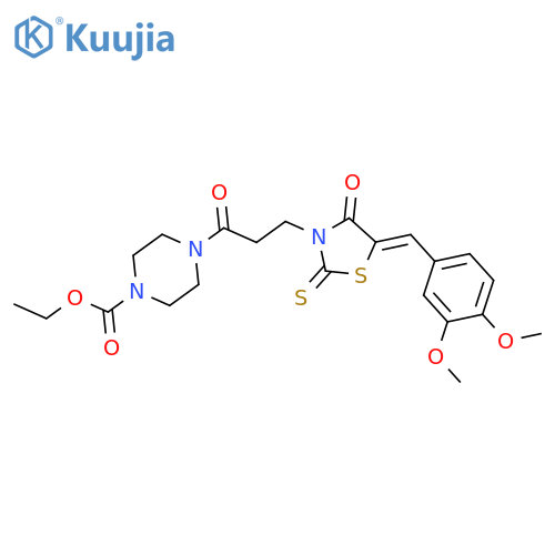 ethyl 4-{3-[5-(3,4-dimethoxybenzylidene)-4-oxo-2-thioxo-1,3-thiazolidin-3-yl]propanoyl}-1-piperazinecarboxylate structure