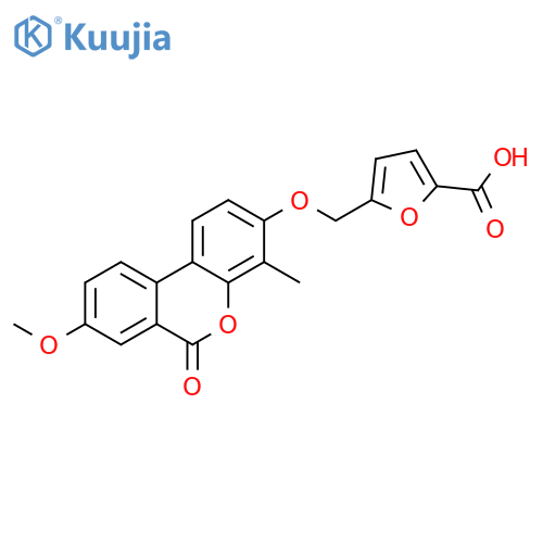 5-[(8-methoxy-4-methyl-6-oxobenzo[c]chromen-3-yl)oxymethyl]furan-2-carboxylic acid structure