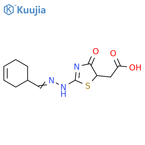 2-(2E)-2-(E)-2-(cyclohex-3-en-1-yl)methylidenehydrazin-1-ylidene-4-oxo-1,3-thiazolidin-5-ylacetic acid structure