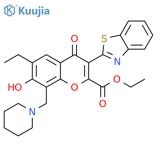 ethyl 3-(1,3-benzothiazol-2-yl)-6-ethyl-7-hydroxy-4-oxo-8-(piperidin-1-yl)methyl-4H-chromene-2-carboxylate structure