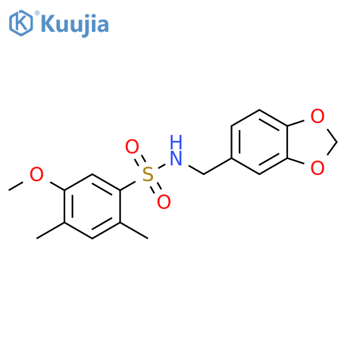 N-(2H-1,3-benzodioxol-5-yl)methyl-5-methoxy-2,4-dimethylbenzene-1-sulfonamide structure