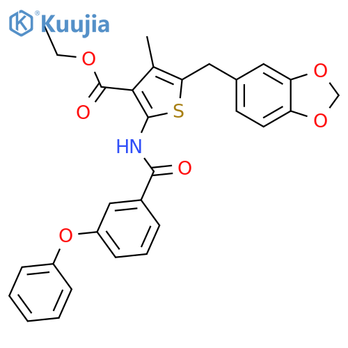 ethyl 5-(2H-1,3-benzodioxol-5-yl)methyl-4-methyl-2-(3-phenoxybenzamido)thiophene-3-carboxylate structure