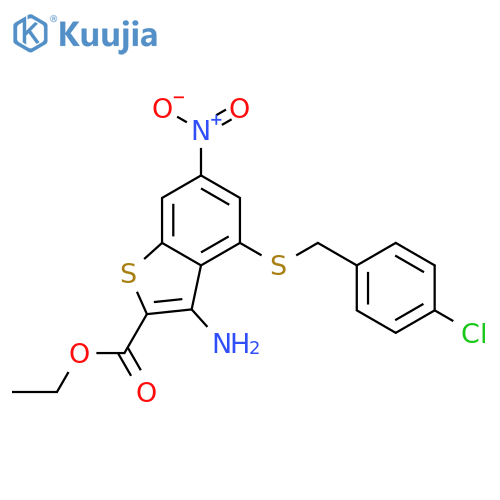 <br>ethyl 3-amino-4-[(4-chlorobenzyl)sulfanyl]-6-nitro-1-benzothiophene-2-carbo xylate structure