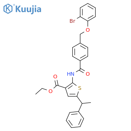 <br>ethyl 2-({4-[(2-bromophenoxy)methyl]benzoyl}amino)-5-(1-phenylethyl)-3-thio phenecarboxylate structure