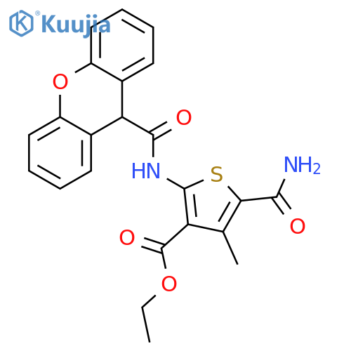 <br>5-Carbamoyl-4-methyl-2-[(9H-xanthene-9-carbonyl)-amino]-thiophene-3-carboxy lic acid ethyl ester structure