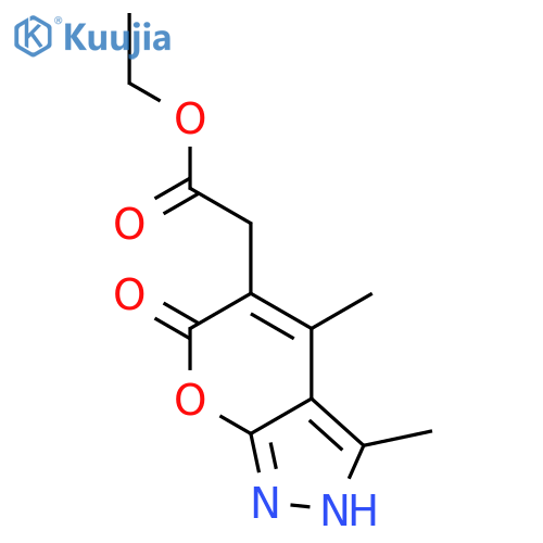 <br>(3,4-Dimethyl-6-oxo-1,6-dihydro-pyrano[2,3-c]pyrazol-5-yl)-acetic acid ethy l ester structure