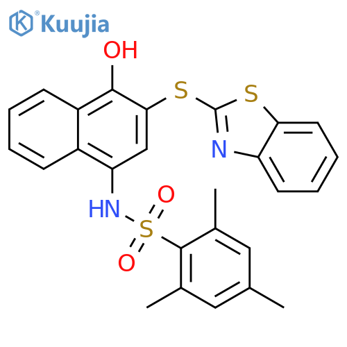 N-3-(1,3-benzothiazol-2-ylsulfanyl)-4-hydroxynaphthalen-1-yl-2,4,6-trimethylbenzene-1-sulfonamide structure