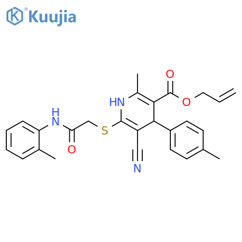 prop-2-en-1-yl 5-cyano-2-methyl-4-(4-methylphenyl)-6-({(2-methylphenyl)carbamoylmethyl}sulfanyl)-1,4-dihydropyridine-3-carboxylate structure