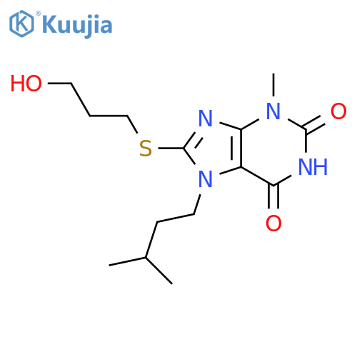 8-(3-hydroxypropyl)sulfanyl-3-methyl-7-(3-methylbutyl)-2,3,6,7-tetrahydro-1H-purine-2,6-dione structure