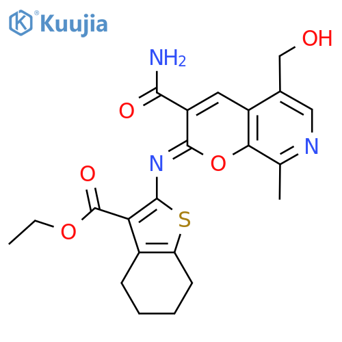 ethyl 2-{(2Z)-3-carbamoyl-5-(hydroxymethyl)-8-methyl-2H-pyrano2,3-cpyridin-2-ylideneamino}-4,5,6,7-tetrahydro-1-benzothiophene-3-carboxylate structure
