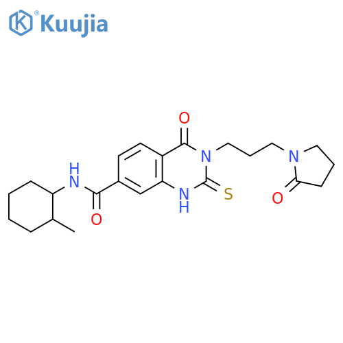 N-(2-methylcyclohexyl)-4-oxo-3-3-(2-oxopyrrolidin-1-yl)propyl-2-sulfanylidene-1,2,3,4-tetrahydroquinazoline-7-carboxamide structure