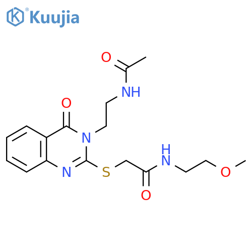 2-{3-(2-acetamidoethyl)-4-oxo-3,4-dihydroquinazolin-2-ylsulfanyl}-N-(2-methoxyethyl)acetamide structure