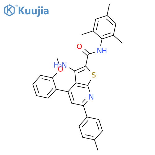 <br>3-amino-N-mesityl-4-(2-methoxyphenyl)-6-(4-methylphenyl)thieno[2,3-b]pyridi ne-2-carboxamide structure