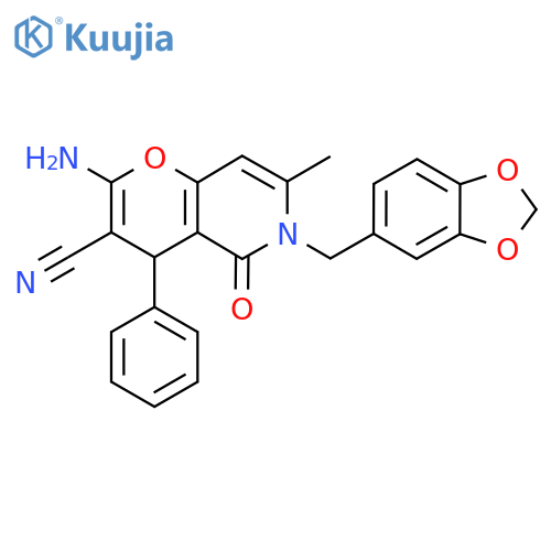 2-amino-6-(2H-1,3-benzodioxol-5-yl)methyl-7-methyl-5-oxo-4-phenyl-4H,5H,6H-pyrano3,2-cpyridine-3-carbonitrile structure