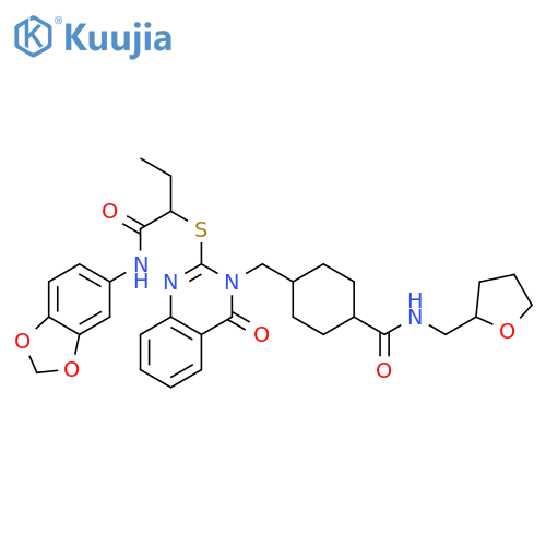 4-{2-({1-(2H-1,3-benzodioxol-5-yl)carbamoylpropyl}sulfanyl)-4-oxo-3,4-dihydroquinazolin-3-ylmethyl}-N-(oxolan-2-yl)methylcyclohexane-1-carboxamide structure