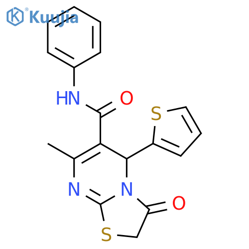 7-methyl-3-oxo-N-phenyl-5-(thiophen-2-yl)-2H,3H,5H-1,3thiazolo3,2-apyrimidine-6-carboxamide structure