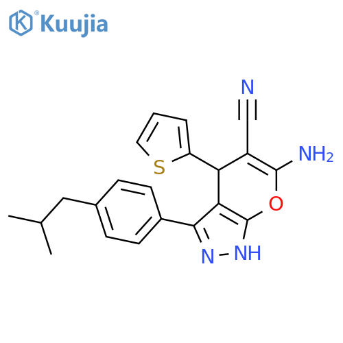 <br>6-amino-3-(4-isobutylphenyl)-4-thien-2-yl-1,4-dihydropyrano[2,3-c]pyrazole- 5-carbonitrile structure