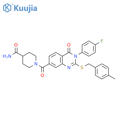 1-[3-(4-fluorophenyl)-2-{[(4-methylphenyl)methyl]sulfanyl}-4-oxo-3,4-dihydroquinazoline-7-carbonyl]piperidine-4-carboxamide structure