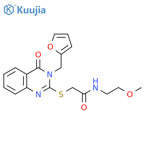 2-({3-(furan-2-yl)methyl-4-oxo-3,4-dihydroquinazolin-2-yl}sulfanyl)-N-(2-methoxyethyl)acetamide structure