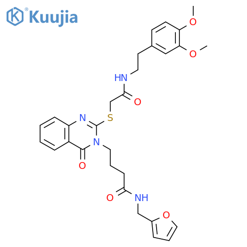 4-{2-({2-(3,4-dimethoxyphenyl)ethylcarbamoyl}methyl)sulfanyl-4-oxo-3,4-dihydroquinazolin-3-yl}-N-(furan-2-yl)methylbutanamide structure