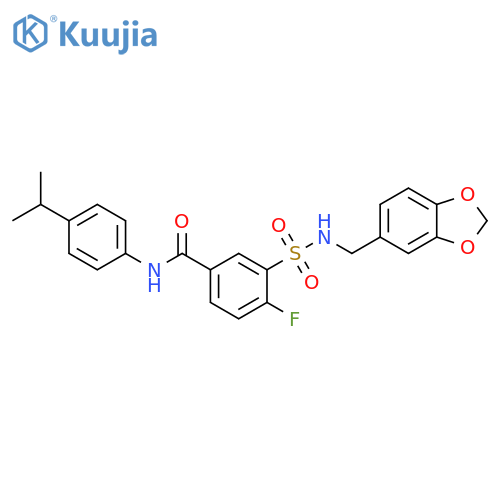 3-{(2H-1,3-benzodioxol-5-yl)methylsulfamoyl}-4-fluoro-N-4-(propan-2-yl)phenylbenzamide structure