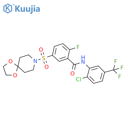 N-2-chloro-5-(trifluoromethyl)phenyl-5-{1,4-dioxa-8-azaspiro4.5decane-8-sulfonyl}-2-fluorobenzamide structure