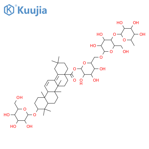 3-Hydroxy-11,13(18)-oleanadien-28-oic acid; 3β-form, 3-O-β-D-Glucopyranoside, 28-O-[α-L-rhamnopyranosyl-(1→4)-β-D-glucopyranosyl-(1→6)-β-D-glucopyranosyl] ester structure